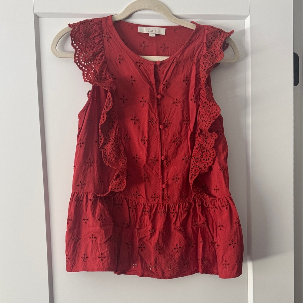 LOFT Crimson Eyelet Ruffle Top